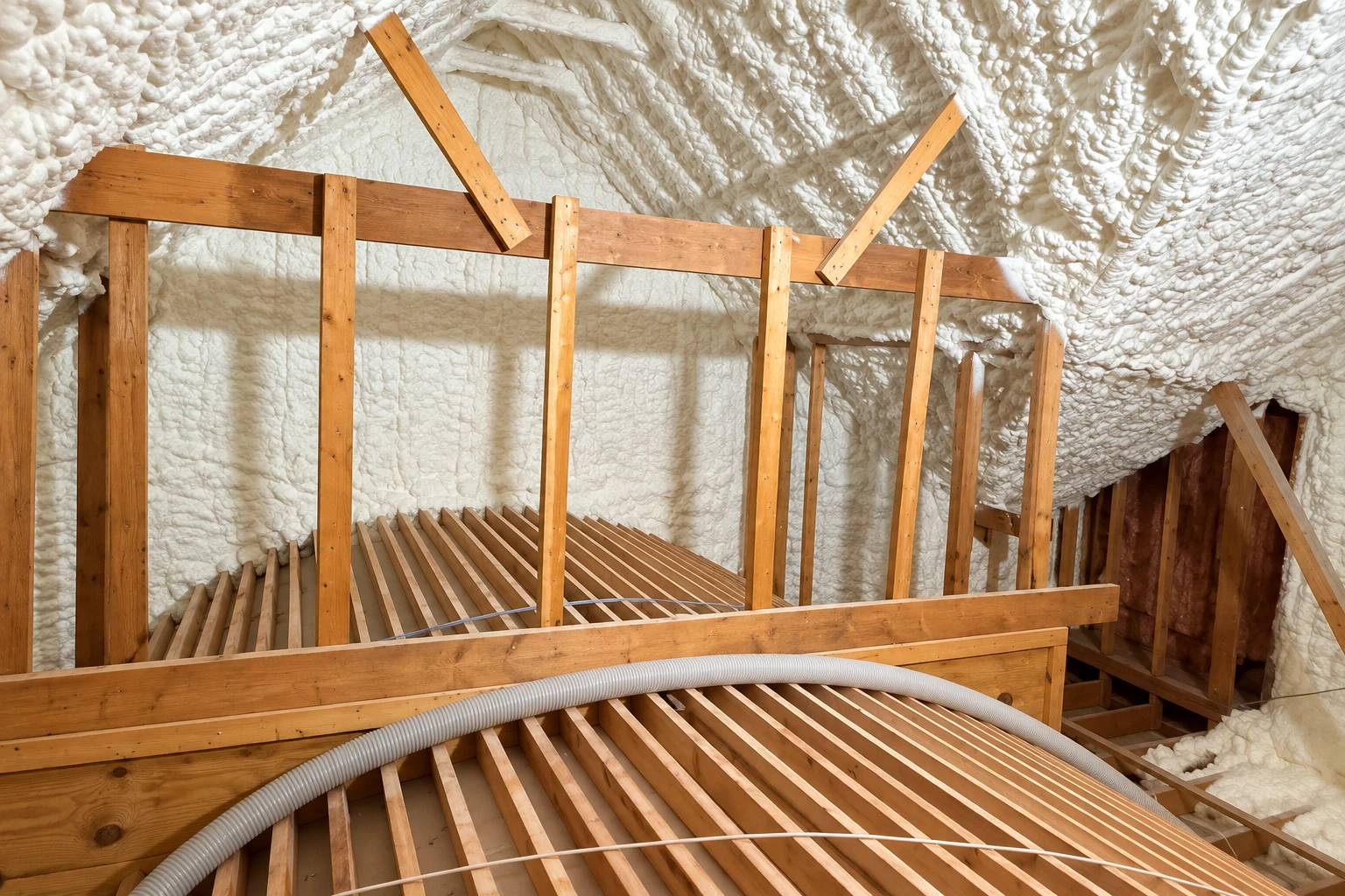 Wooden attic framing surrounded by white spray foam insulation, with a flexible hose across the foreground.
