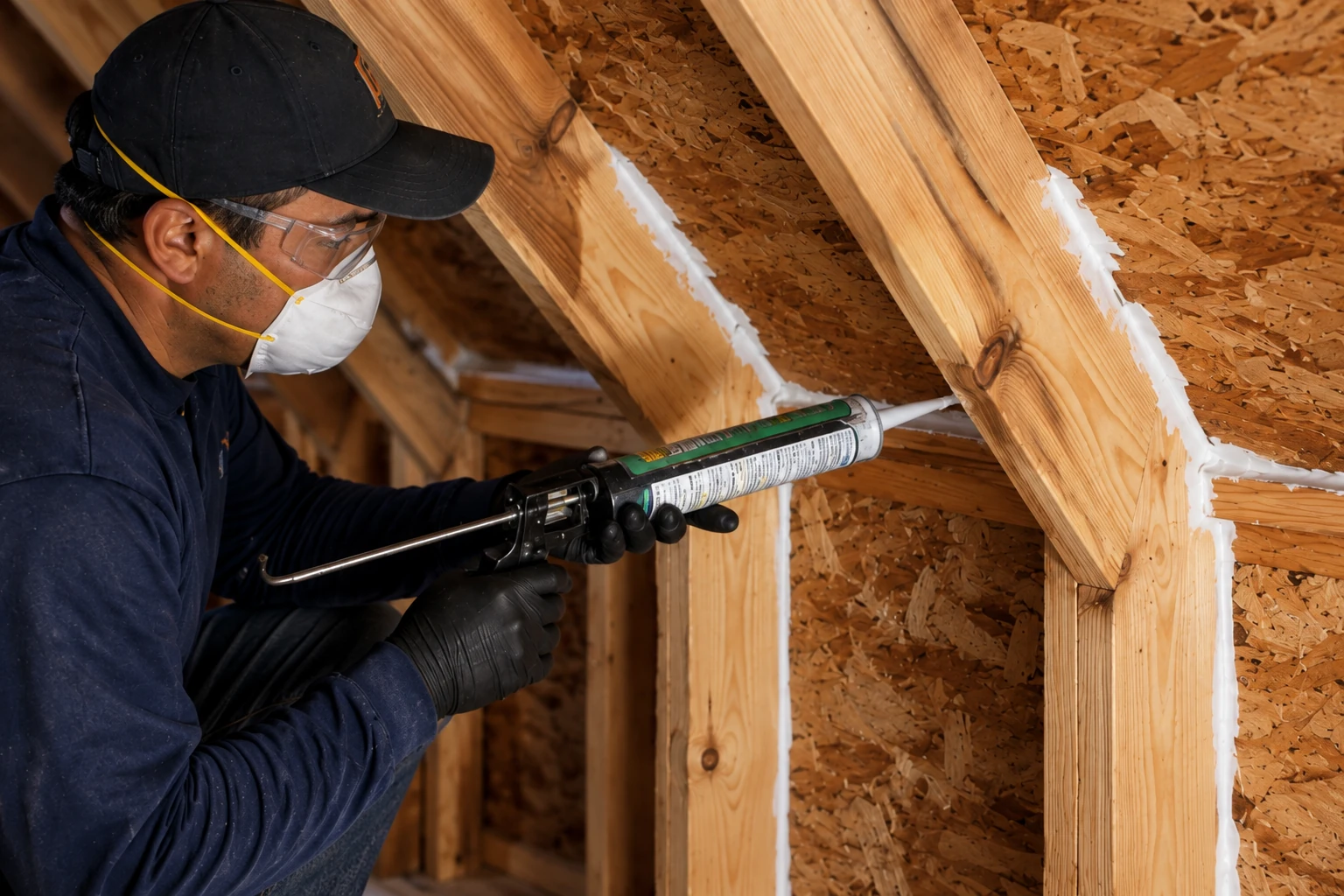 A masked worker applies foam sealant along wooden attic framing with a caulking gun.