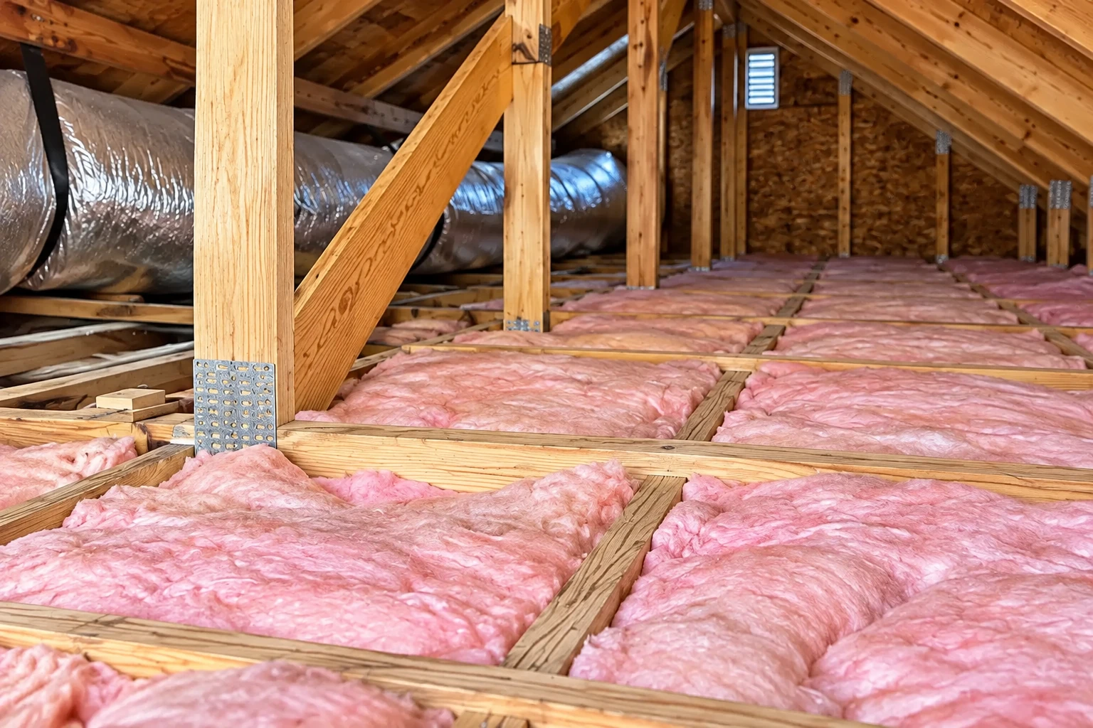 Pink batt insulation fills attic floor joists beneath wooden rafters, with a silver HVAC duct along the side.