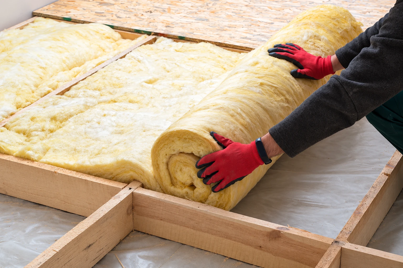 A worker in red gloves unrolls yellow fiberglass insulation between wooden attic joists.