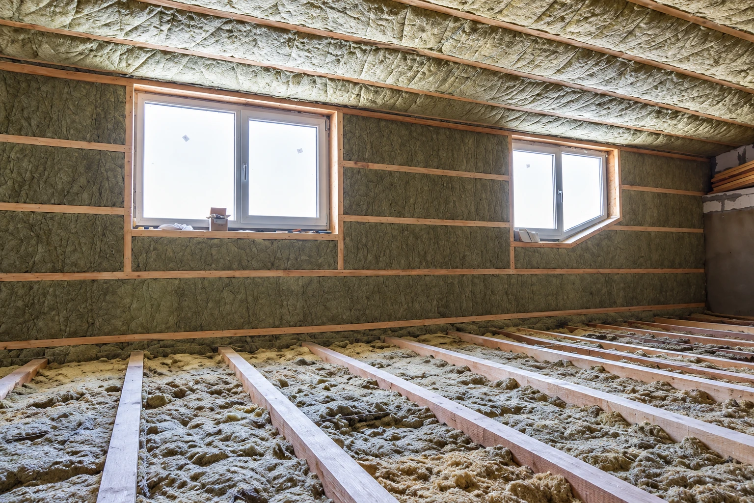 Attic with fibrous insulation between exposed floor joists and in the walls and ceiling around two windows.