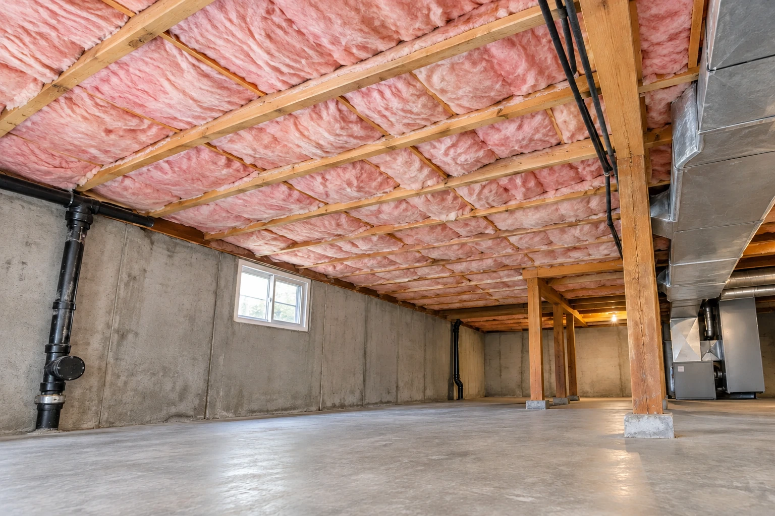 Concrete basement with pink insulation fitted between ceiling joists and exposed support posts and ductwork.