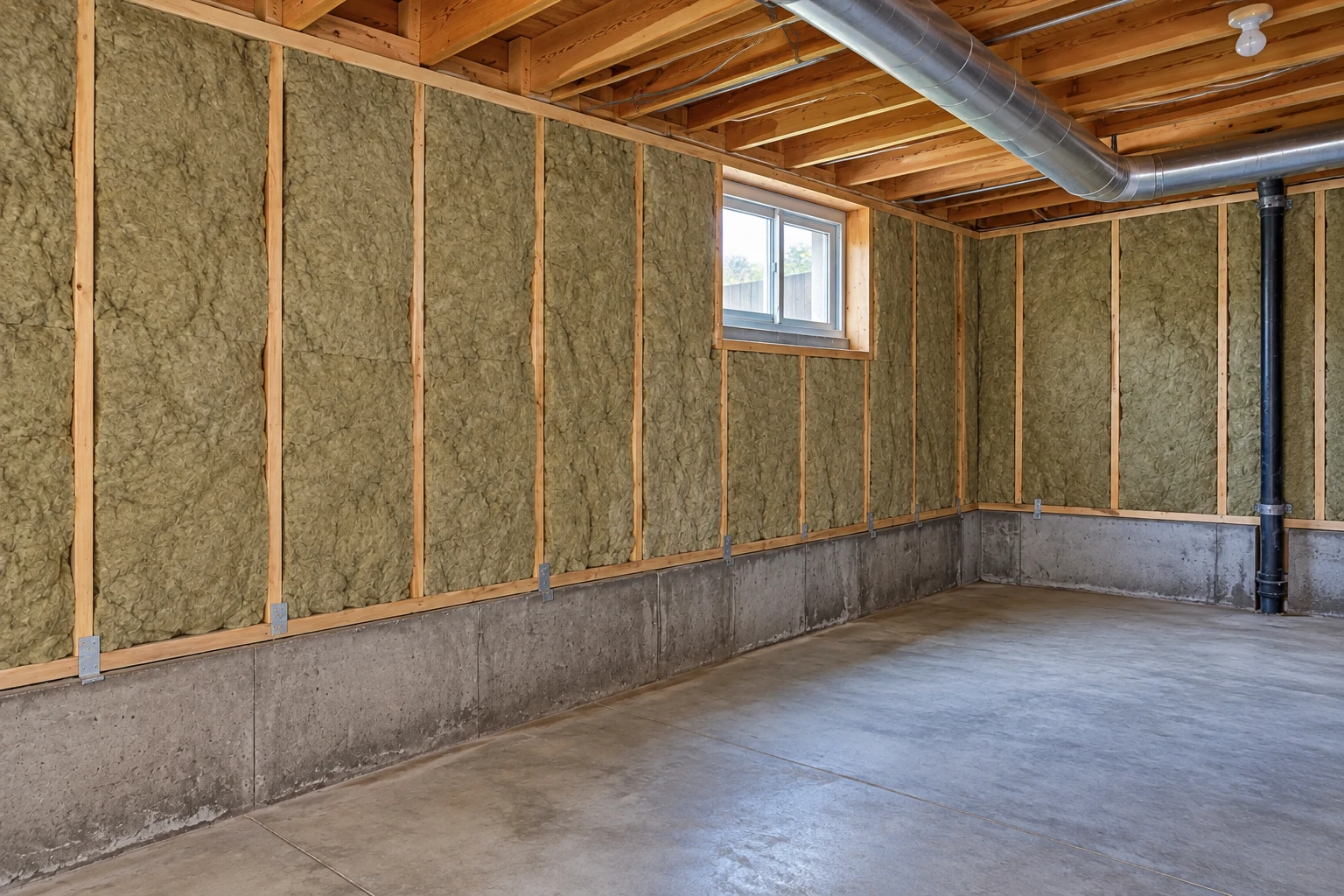 Basement walls have gray-green batt insulation fitted between wooden studs above exposed concrete foundation walls.
