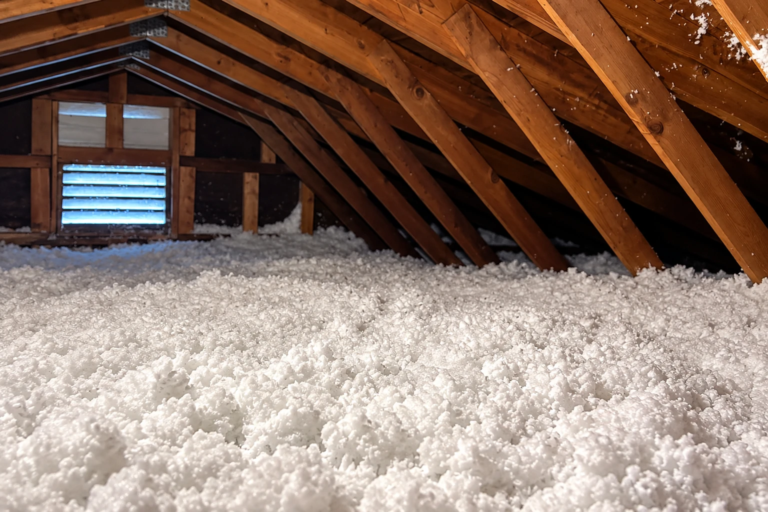 Loose white blown-in insulation covers an attic floor beneath exposed wooden roof trusses.