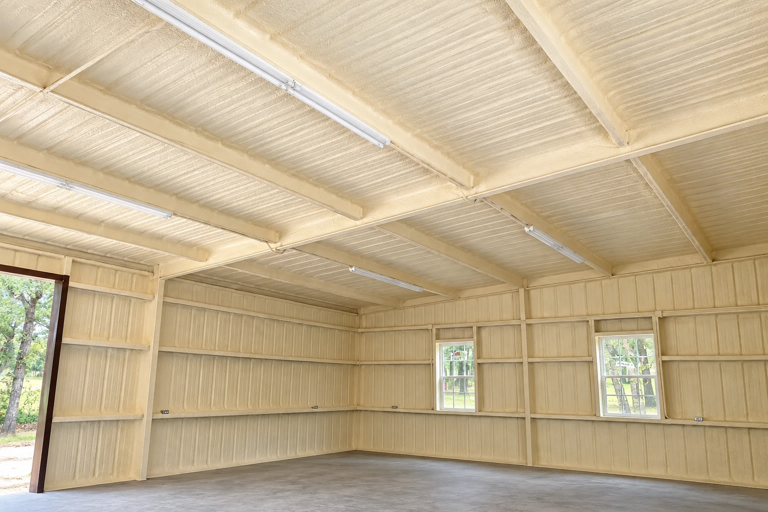 Cream-colored spray foam covers the ceiling and walls of a large metal-sided commercial building.