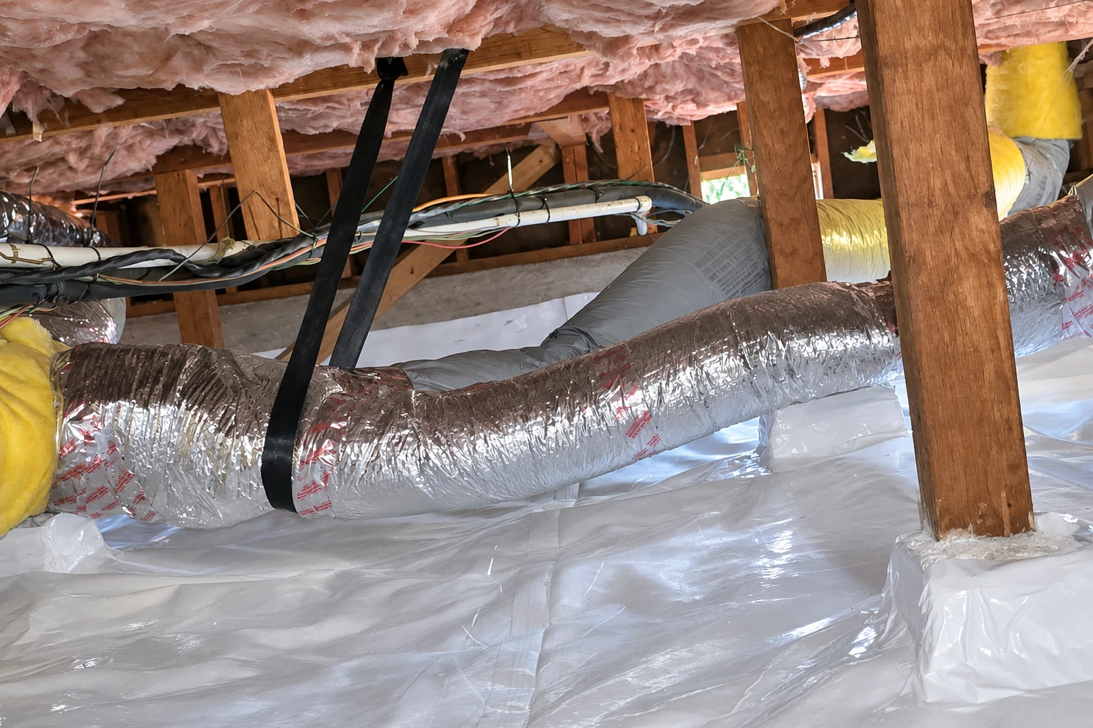 Crawl space with silver HVAC ducts, pink insulation overhead, and white plastic vapor barrier covering the floor.