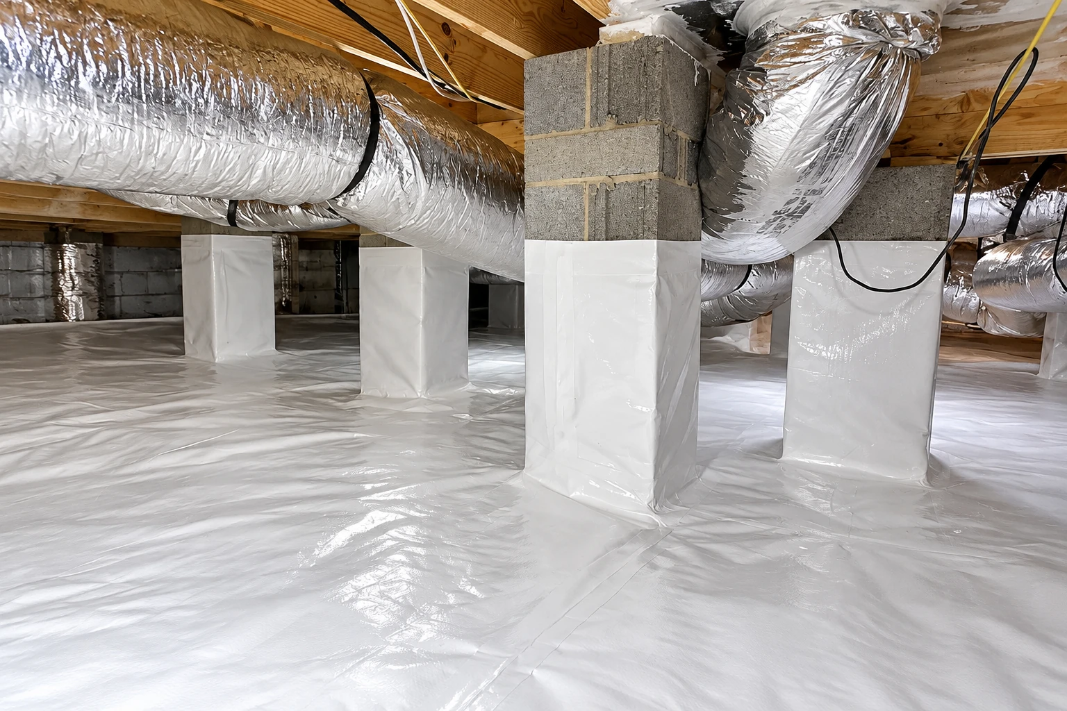 Crawl space with a white plastic vapor barrier covering the floor and support piers, beneath foil-wrapped ductwork and wood joists.