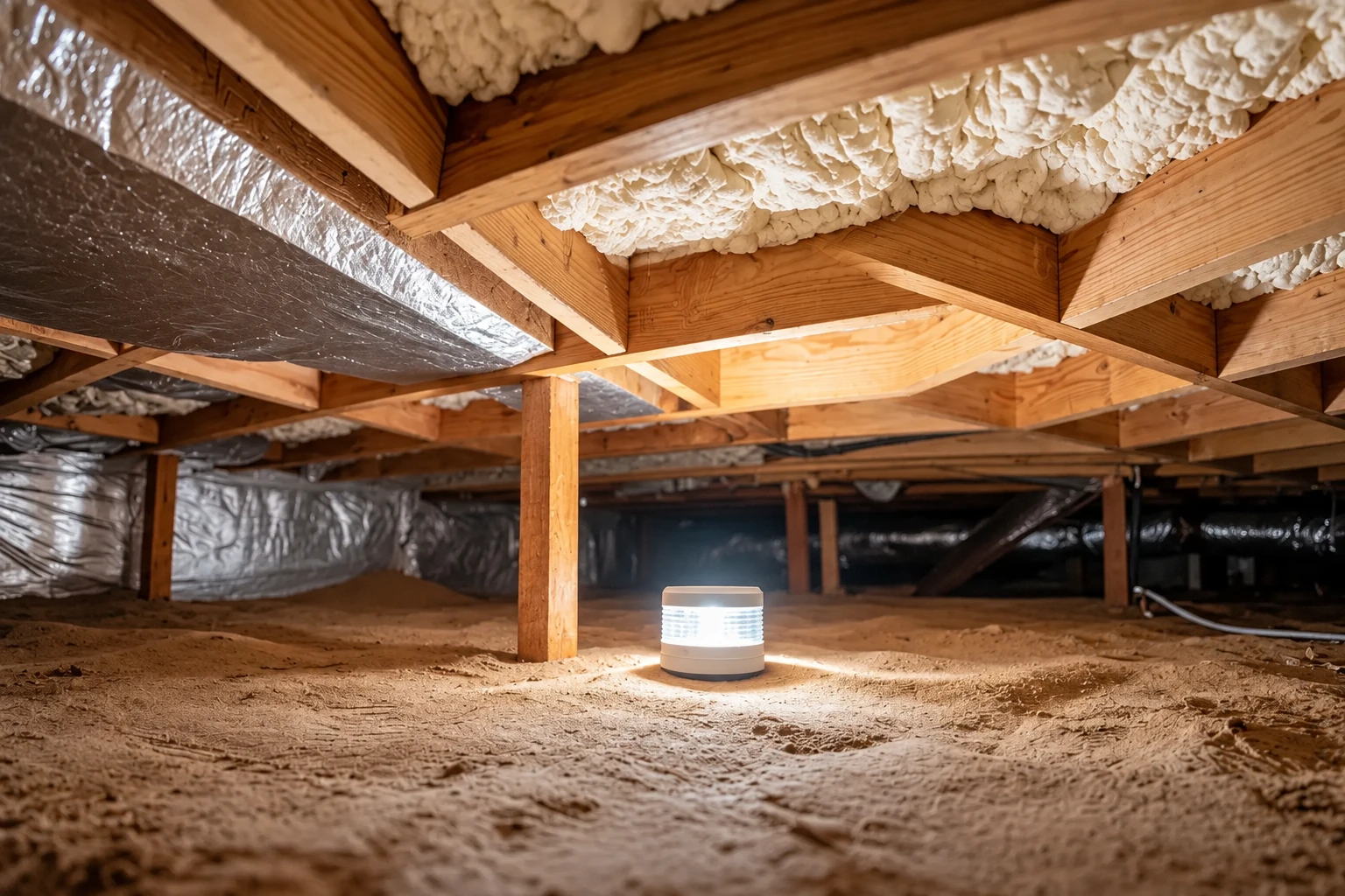 A crawl space has exposed wooden joists, spray foam insulation, and reflective barrier sheeting along the walls.