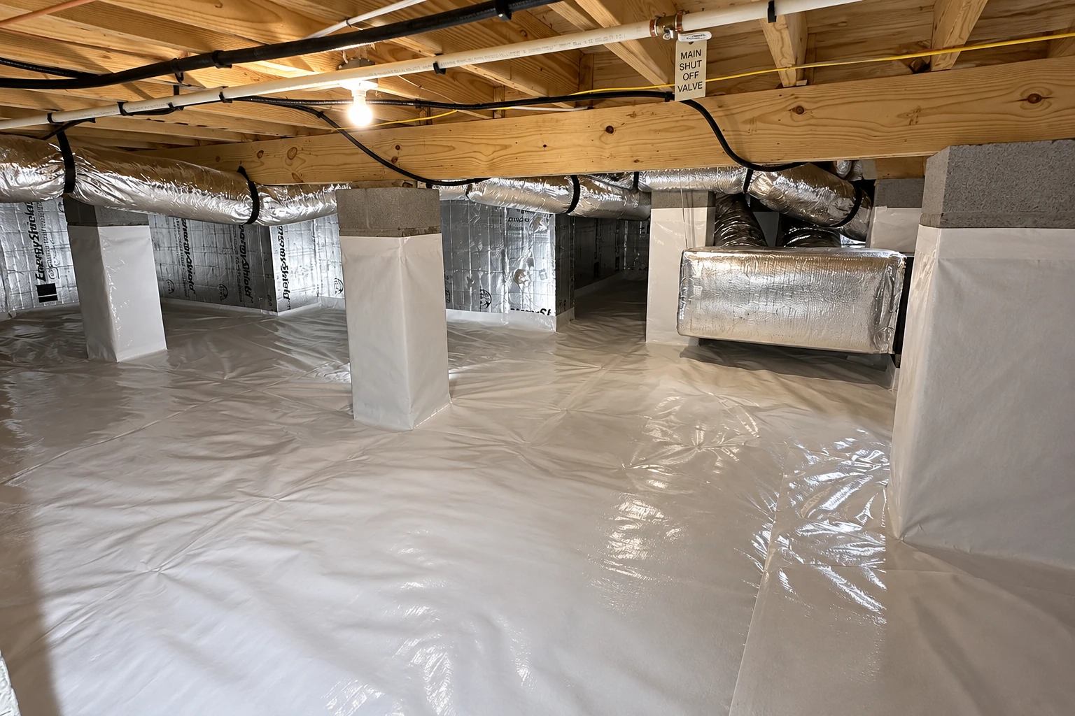 A crawl space has a white vapor barrier covering the floor and lower support piers, with insulated ductwork overhead.