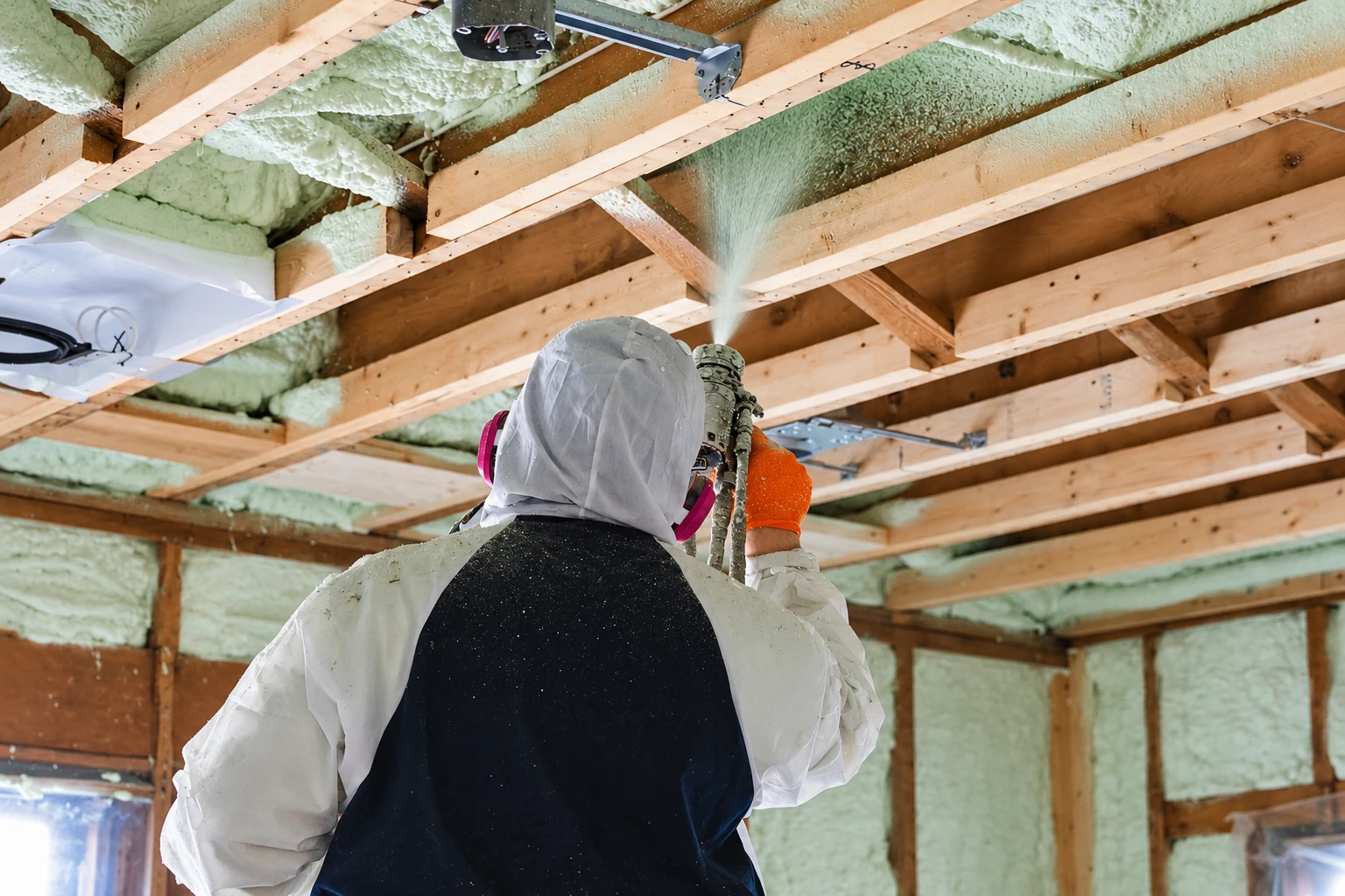 A worker in protective clothing sprays foam insulation into the ceiling between exposed wooden beams.
