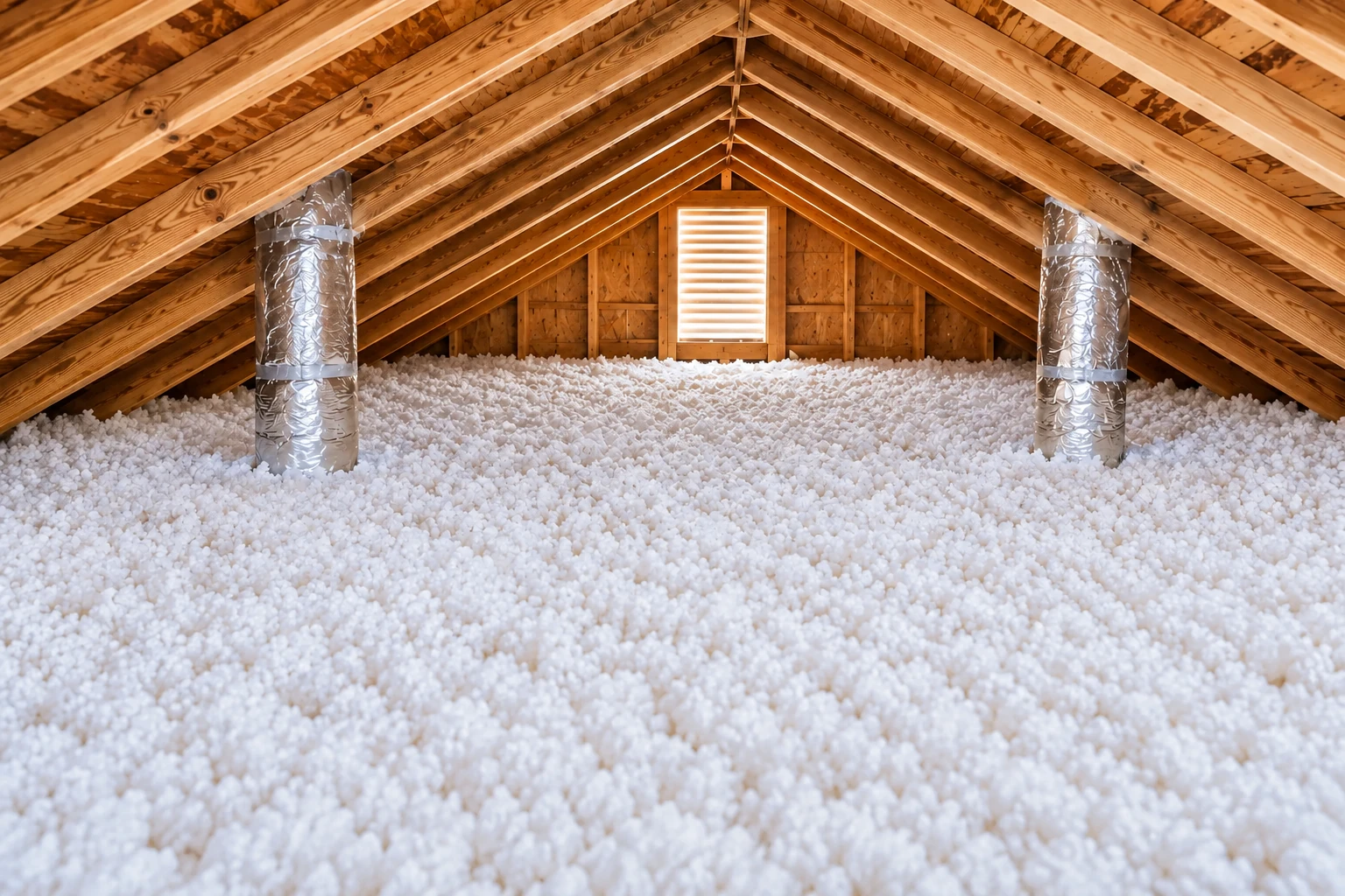 Attic with white blown-in insulation covering the floor beneath exposed wooden rafters, with two foil-wrapped ducts and a small vent.
