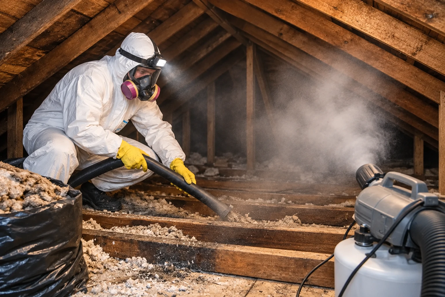A worker in protective gear vacuums loose attic insulation into a hose as dust rises among exposed rafters.