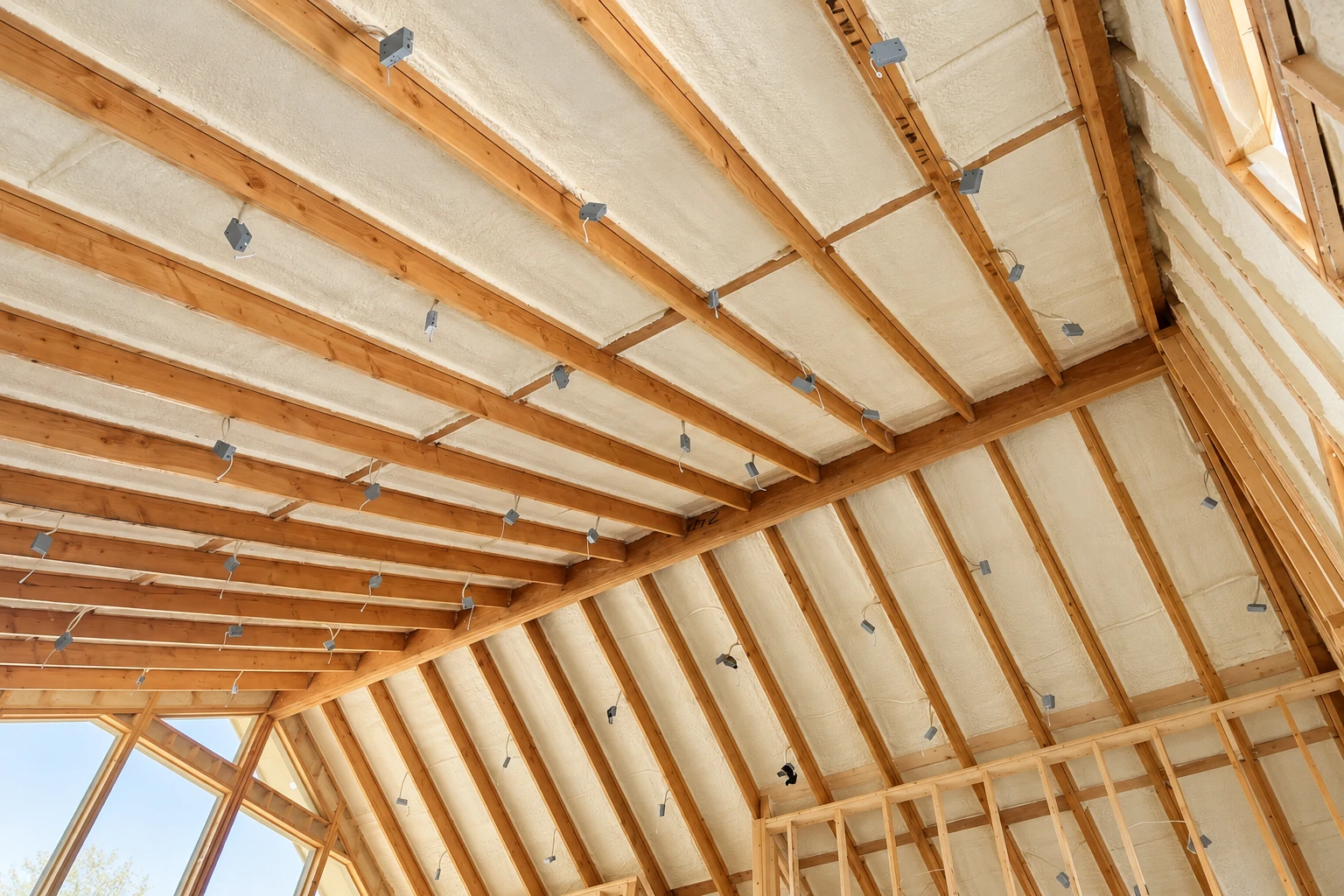 Exposed wooden roof framing filled between the rafters with pale spray foam insulation.