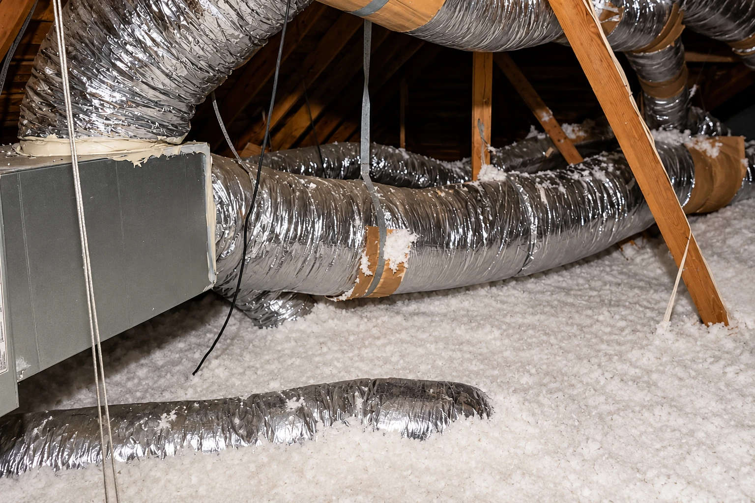 Attic with white blown-in insulation around silver flexible HVAC ducts and wooden roof framing.