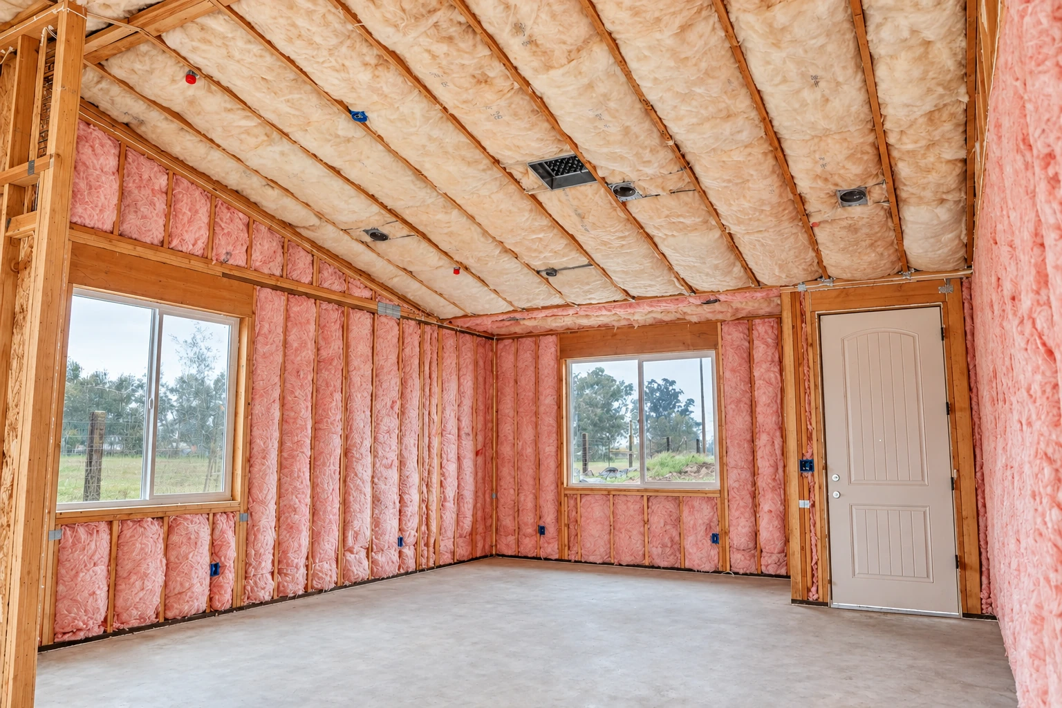Pink fiberglass batts fill the walls and sloped ceiling of an unfinished room with exposed wooden framing, windows and a door.