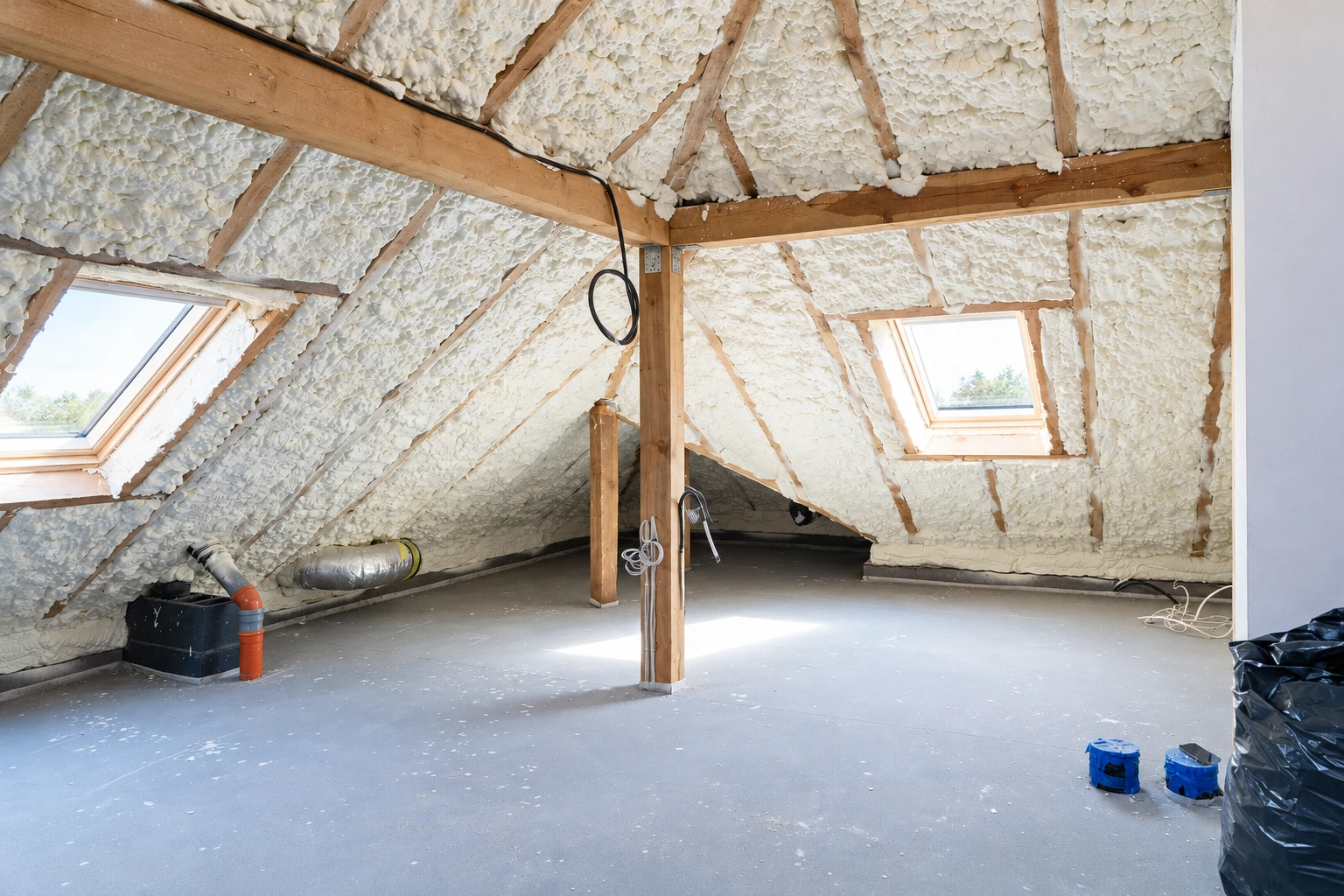 Spray foam insulation coats the rafters and roof of an unfinished attic with exposed wooden beams and two skylights.