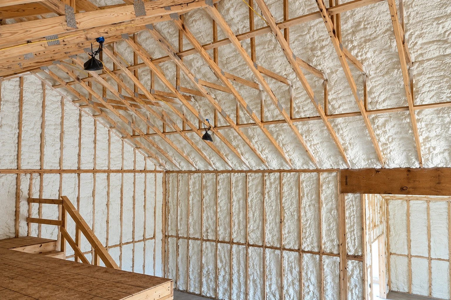 Spray foam insulation coats the walls and roof between exposed wooden framing in a large unfinished space.