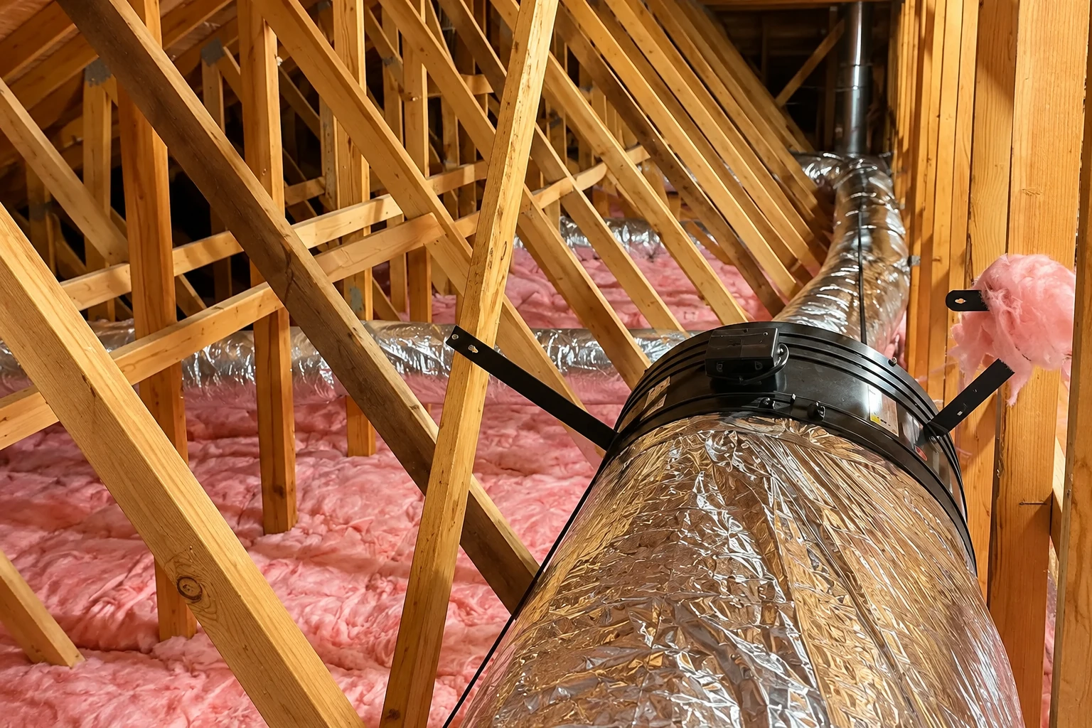 Pink insulation covers an attic floor beneath exposed wooden trusses, beside a large flexible silver duct.